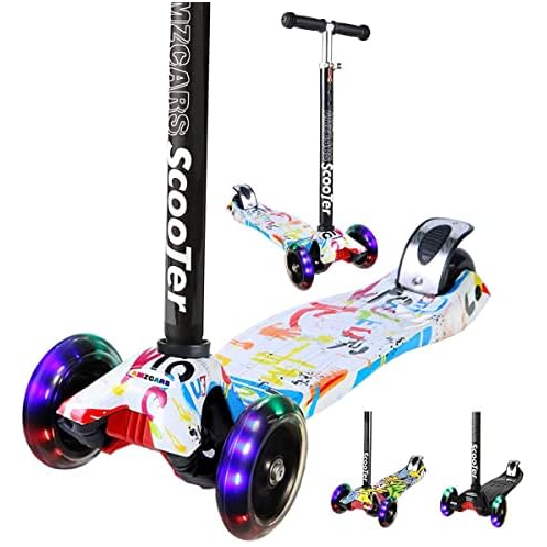 AMZCARS Kick Scooter for Kids, 3 Wheels Toddlers Scooter for 6 Years Old Boys Girls Learn to Steer, Kids Scooter 4 Adjustable Height, Extra-Wide Deck, Flashing Wheel Lights for Children Gi