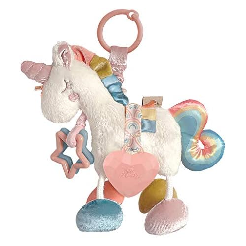 Itzy Ritzy Link & Love Toy for Stroller or Car Seat; Features Textured Ribbons, Crinkle Sounds, Clinking Rings & Silicone Teether; Designed For Ages 0 Months and Up (Unicorn)