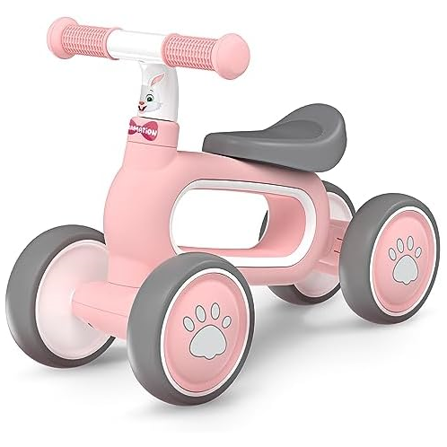 DRAMATION Baby Balance Bike,Toddler Bike for 12-18 Month, Toddler Bicycle Toy for 1 Year Old Girls, Baby Walker Balance Bike with Rabbit Stickers, Baby Girl Toy, First Birthday Gif
