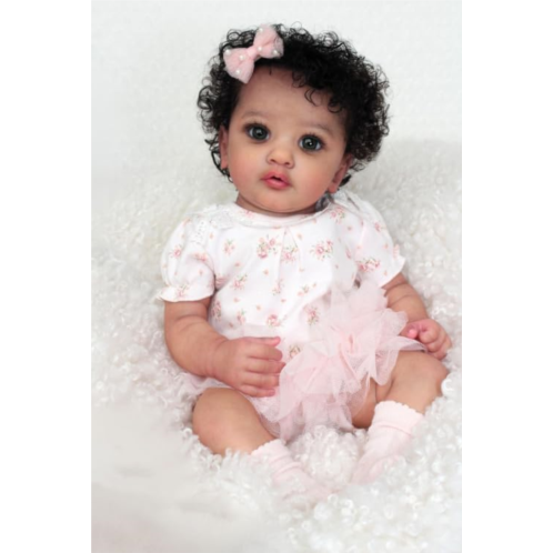 Angelbaby Lifelike Reborn Baby Dolls Black Girl 23inch Realistic African American Newborn Baby Doll Weighted Reborn Toddler Doll with Weighted Soft Body Real Baby Feeling Super Cut