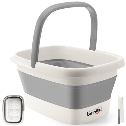 Beinilai Collapsible Foot Bath Basin for Soaking Feet,Foot Soak Tub,Plastic Foot Bucket with Handles and Massage Acupoint,Foldable Laundry Basket-Gery