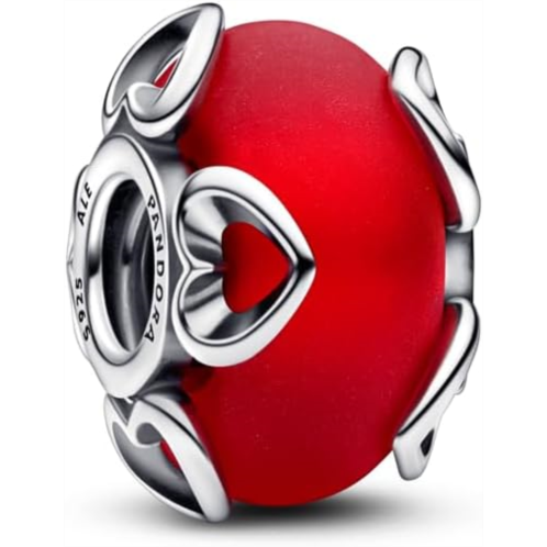 PANDORA Frosted Red Murano Glass & Hearts Charm - Compatible with PANDORA Moments Bracelets - Jewelry for Women - Mothers Day Gift - Made with Sterling Silver
