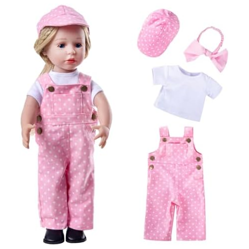 Rakki Dolli Doll Clothes Accessories 3 Pcs Set with Fashion Pink Overalls Bib Pants Jumpsuit & White Short-Sleeved T-Shirt & Pink Headband Hair Rope for Doll 032