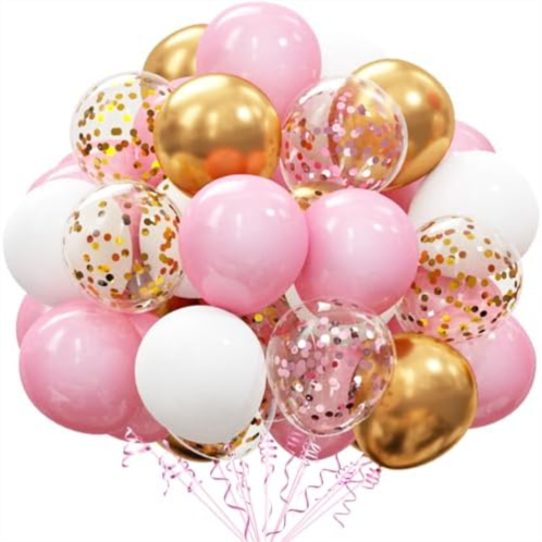 OuMuaMua 62Pcs Pink Gold Confetti Latex Balloons Kit, 12 Inch Pink White Gold Helium Balloons Party Supplies for Confession Proposal Wedding Girl Birthday Baby Shower Party Decorat