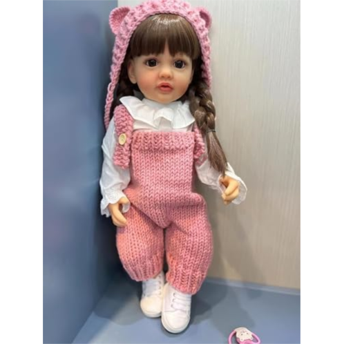 TERABITHIA 22 Inches Long Brown Hair Silicone Vinyl Full Body Anatomically Correct Lifelike Reborn Baby Doll Realistic Newborn Toddler Girl Dolls in Pink Woolen Set