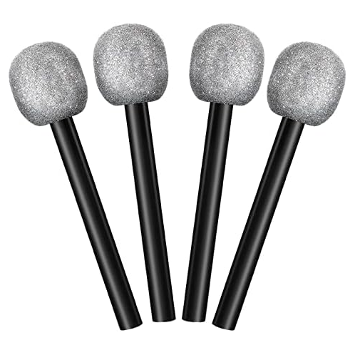 Yaomiao 4 Packs Glittered Microphone Fake Bling Prop Microphone Kids Plastic Pretend Rock Star Toy Microphone for Disco Stage or Costume Prop Birthday Party Favors (Silver)