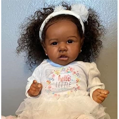 Eoieov Black Reborn Baby Dolls Silicone Baby Doll 22 in for Kids Girls Realistic Lifelike Baby Dolls Black Toddler Girls with Accessories,White Dress