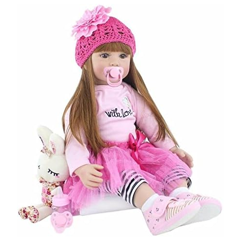 ICradle Angelbaby Adorable Reborn Toddler Doll Soft Body Real Life Long Hair Princess Hair, 24inch Handmade Silicone Reborn Baby Doll Sets and Doll Clothes (Pink -2006)