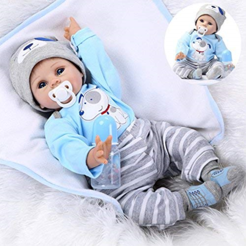 Medylove Realistic Reborn Baby Dolls Boy Lifelike Silicone Vinyl 22 Inches 55 cm Weighted Body Wearing Toy Blue Dog Cute Doll Eyes Open Gift Set