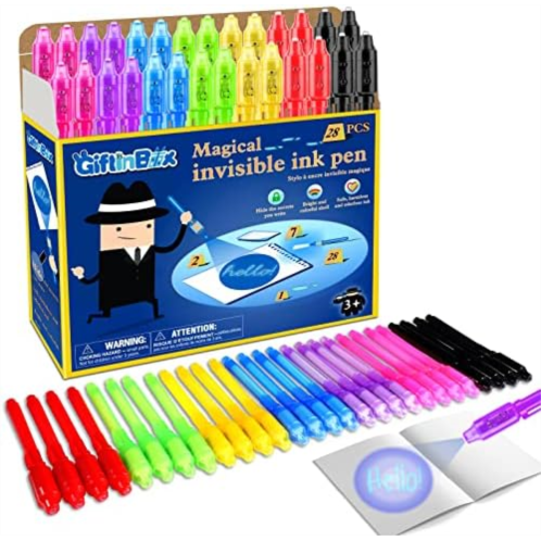 GIFTINBOX Invisible Ink Pen, 28PCS Spy Pen for Kids with UV Light Magic Marker for Secret Message, Birthday Party Favors for Kids, Classroom Prize for Students, Kids Christmas Gift