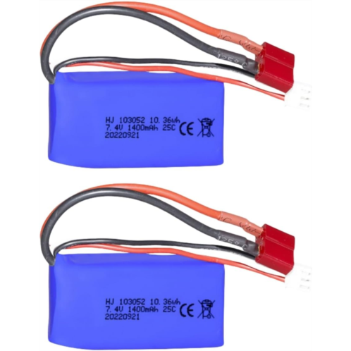 HHZ 2pcs 7.4V 1400mah 25C LiPo Battery T Plug for Wltoys A959-B A969-B A979-B K929-B WLtoys 4WD High Speed RC Cars and Most 1/10, 1/12, 1/16 Scale RC Cars Trucks