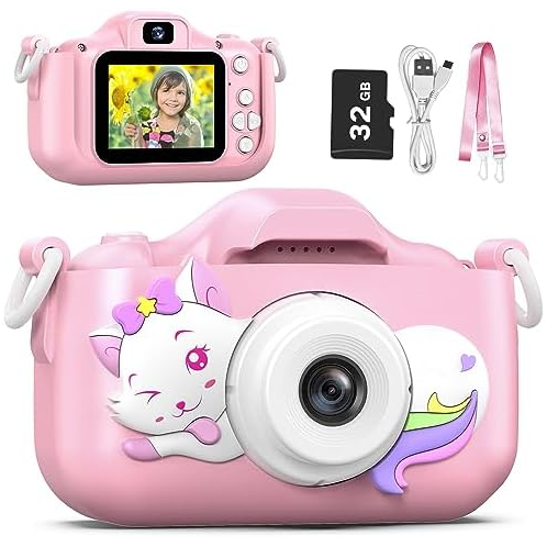 Goopow Kids Selfie Camera Toys for Girls Age 3-9, Digital Video Camera Toy with Protective Cover,Christmas Birthday Festival Gifts for 3-9 Year Old Girls Boys- 32GB SD Card Include