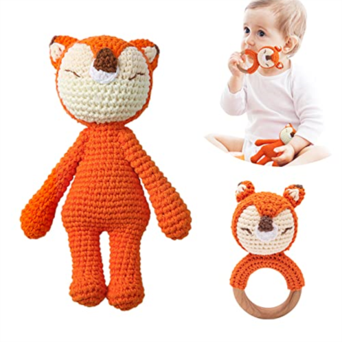 Samonyed 2PC Wooden Baby Fox Rattle & Crochet Doll Plush Stuffed Fox Animals Toy for Newborn Baby 100% Handmade Infant Soothe Toys for Sensory and Early Grips Development Thanksgiving Gifts