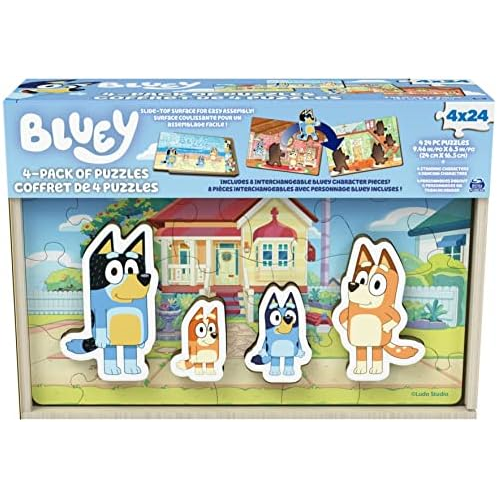 Spin Master Bluey 4-Pack of Wooden 24-Piece Puzzles with Interchangeable Pieces Bluey Birthday Party Supplies Bluey Party Favors Bluey Toys for Kids Ages 3+