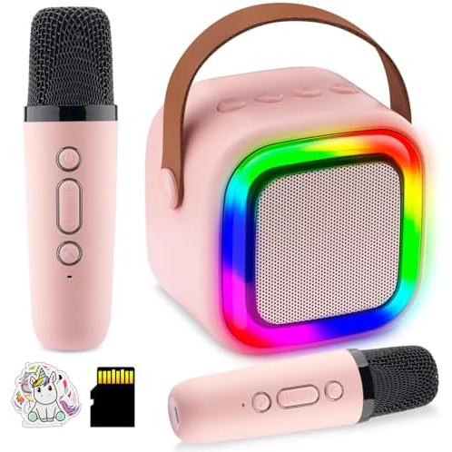 Just4Fun Mini Karaoke Machine for Kids, Kids Microphone with 2 BT Wireless Microphones, Karaoke Microphone Toys for 4 5 6 7 8 9 10 11 12 Year Old Girl Birthday Gifts, Party Game fo