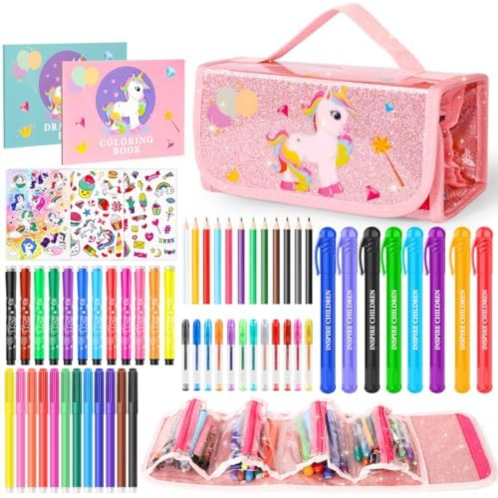 Rocamdo Unicorn Fruit Scented Washable Colored Pencils Set, Glitter Color Pen Case, 63PCS Art Supplies for Kids, Coloring Kit Birthday Gifts Easter Basket Stuffers for Teens Girls 4 5 6 7