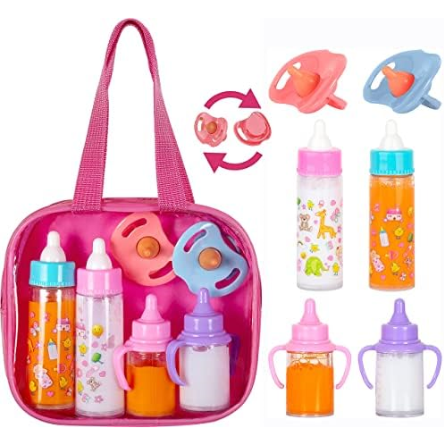 fash n kolor, My Sweet Baby Disappearing Doll Feeding Set Baby Care 6 Piece Doll Feeding Set for Toy Stroller 2 Milk & Juice Bottles with 2 Toy Pacifier for Baby Doll