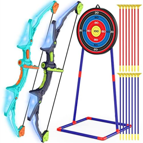 Kmuxilal 2 Pack Kids Bow and Arrow Set with LED Flash Lights, 14 Suction Cup Arrows and Fluorescence Standing Target-Perfect Indoor and Outdoor Archery Set Toy Gift for Boys and Gi