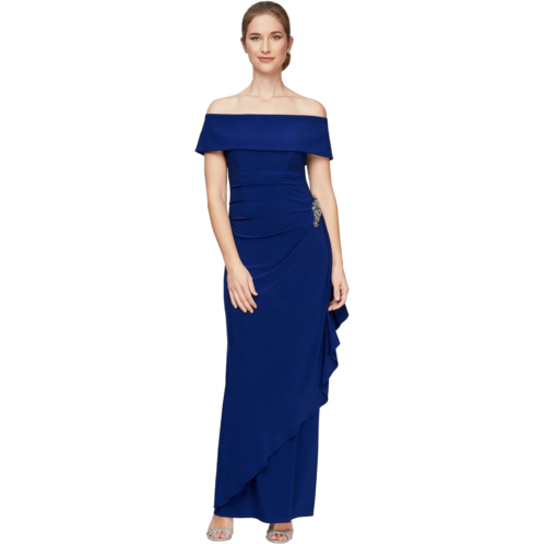 Alex Evenings Long Off-the-Shoulder Dress With Fold-Over Cuff Embellishment Detail at Hip and Cascade Ruffle Skirt