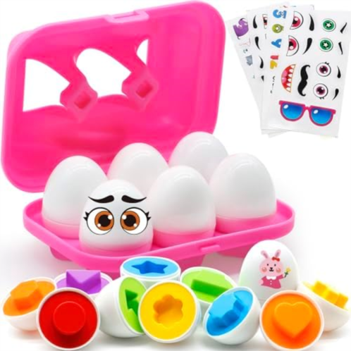 MOONTOY Color Shape Matching Eggs Toddlers, Preschool Learning Educational Sorting Easter Eggs Toys Gift Recognition Skills Geometric Eggs Puzzle Kids Boys Girls w/Pink Eggs Holder