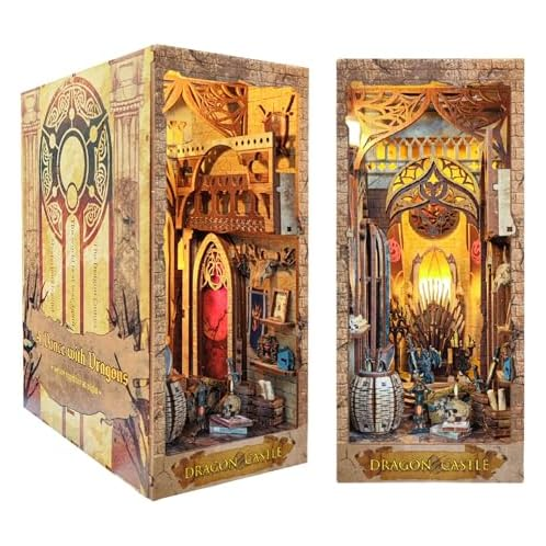 Flever Dollhouse DIY Book Nook Miniature Kit, Bookshelf Insert Decor, 3D Wooden Puzzle Booknook Miniature Kit, Creative Assembled Bookends for Romantic (Dragon Castle)
