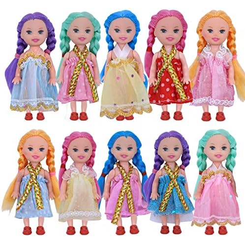 MLcnleS Doll Surprise Set - Cute Miniature Princess Dolls 4.1 Inch 5 Pack with Dresses 5 Doll Shoes - Tiny Family Dolls Dollhouse Mini Doll Girls Closet, Collectible Toys for Kids Girls Bi