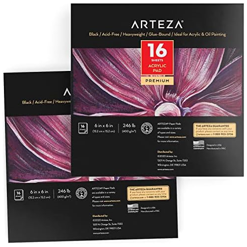Arteza Black Acrylic Paper Pad, Pack of 2, 6 x 6 Inches, 16 Sheets Each, 246-lb Painting Pad, Art Supplies for Acrylic and Oil Painting, Drawing and Sketching