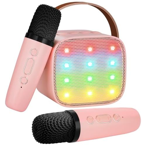 VERKB Kids Karaoke Machine, Kids Toys Birthday Gift for Girls, Mini Portable Bluetooth Speaker with 2 Wireless Microphone for Girl 5,6,7,8,10+Year Old(Pink)
