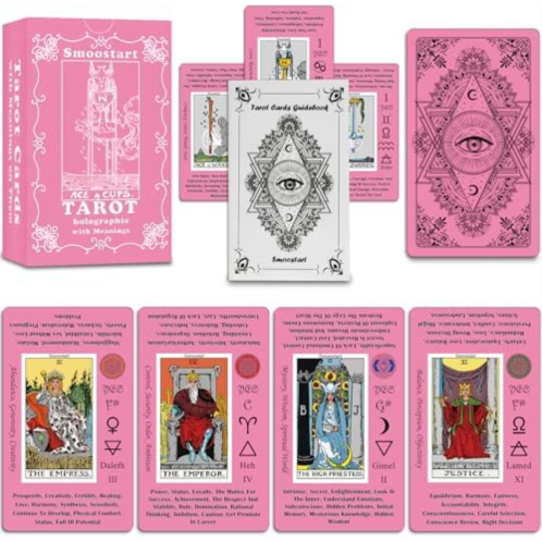 Smoostart Pink Tarot Cards with Meanings for Beginners, Tarot Cards Deck with Guidebook, Keywords, Element, Planet, Zodiac, Chakra, Yes or No, Musical Pitch, Numerology, Hebrew Alp