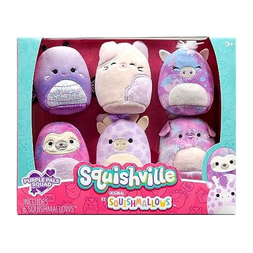 Squishville by Original Squishmallows Purple Pals Squad Plush - Six 2-Inch Squishmallows Plush Including Bashira, Mollie, Carlota, Patrick, Rida, and Jazzy - Toys for Kids