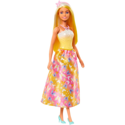 Barbie Royal Doll with Brightly Highlighted Fantasy Hair, Colorful Accessories, Yellow Ombre Bodice & Butterfly-Print Skirt