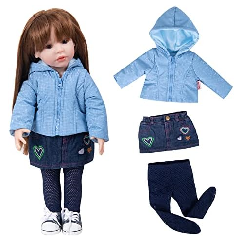 Rakki Dolli Doll Clothes 3 Pc. Set Blue Hooded Coat with Navy Blue Denim Skirt & Navy Blue Knitted One-Piece Pantyhose, Warm Hoodie Snowsuit Fits for 18 Dolls (Doll & Shoes not Inc