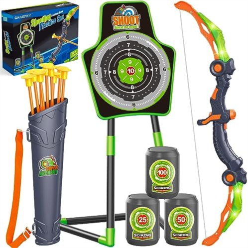 GMAOPHY Bow and Arrow Toys for Kids, Archery Set Includes Super Bow with LED Lights, 10 Suction Cups Arrows,Archery Set with Standing Target and 3 Target Cans for Boys