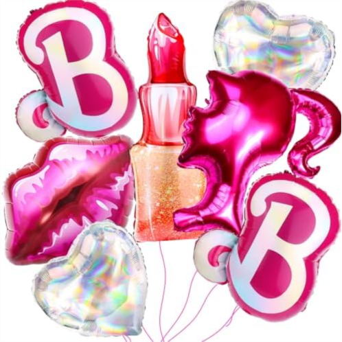 Cadeya 8 Pcs Pink Girls Head Balloons, 28”Hot Pink Lips Heart Lipstick Aluminum Foil Balloons for Girl Birthday, Baby Shower, Princess Doll Theme Party Decorations Supplies
