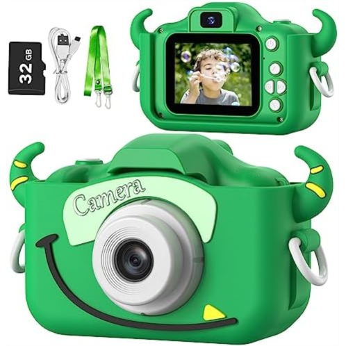 Goopow Kids Camera Toys for 3-8 Year Old Boys,Children Digital Video Camcorder Camera with Cartoon Soft Silicone Cover, Best Chritmas Birthday Festival Gift for Kids - 32G SD Card