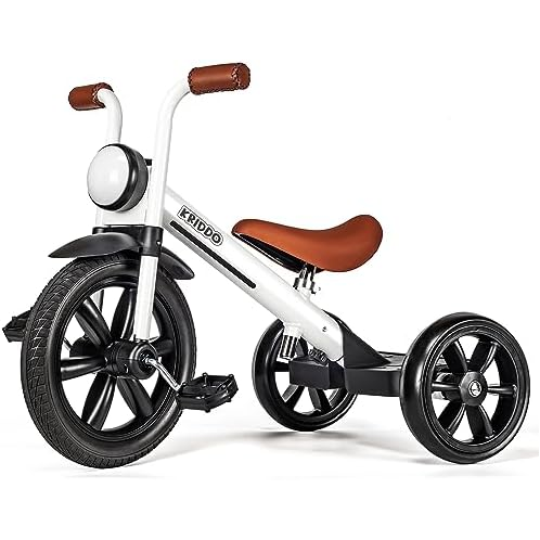 KRIDDO Kids Tricycle, 12 Inch Puncture Free Wheel w Front Light, Adjustable Seat Height, Gift for 2-5 Year Olds, White