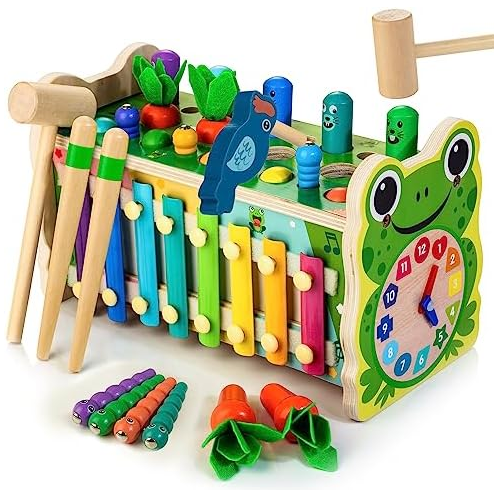 Amtreen 6 in 1 Wooden Montessori Toys for 1 Year Old, Whack-A-Mole Hammering Pounding Toy with Xylophone, Woodpecker, Carrot Harvest Game, Educational Toddler Activities Gift for A