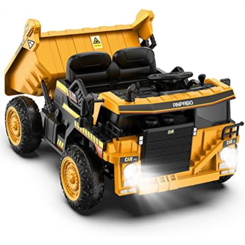 ANPABO Ride on Dump Truck, 12V Ride on Car with Remote Control, Electric Dump Bed and Extra Shovel, Ride on Construction Vehicle with Music Player, Key Start for Safety, Ideal Gift