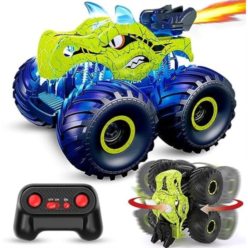 ScharkSpark Dinosaur Remote Control Car, 2.4GHz Monster Trucks for Boys Girls with Light, Sound & Spray, Dinosaur Toys Gift for Kids 3 4 5 6 7 8, All Terrain RC Cars for Toddlers w