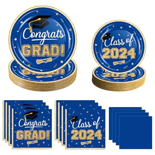 OuMuaMua Graduation Party Supplies 2024 Dinnerware Set - Blue Gold Graduation Plates and Napkins Class of 2024 Disposable Tableware for College High School Congrats Graduation Part
