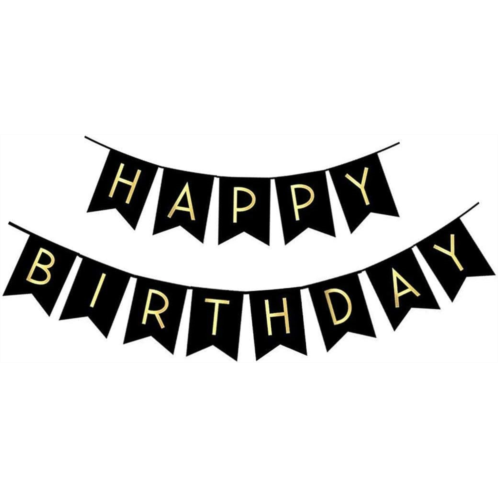 FECEDY Black Happy Birthday Bunting Banner with Shiny Gold Letters Party Supplies