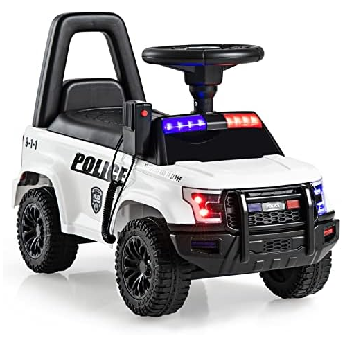 OLAKIDS Ride On Push Police Car, Toddler Foot-to-Floor Sliding Toy with Siren, Steering Wheel, Megaphone, Horn, Headlights, Under Seat Storage, Kids Racer Walking Gift for Boys Gir