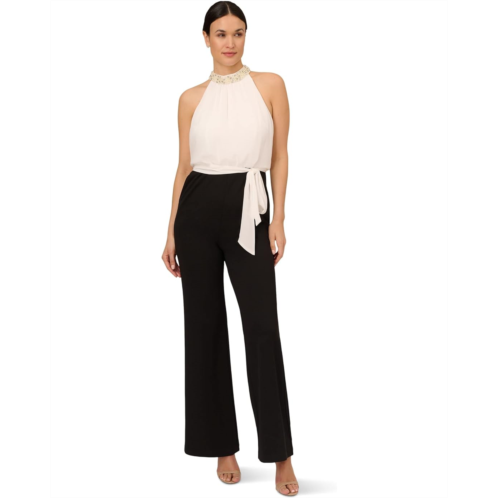 Adrianna Papell Stretch Crepe Chiffon Blouson Jumpsuit with Pearl Necklace