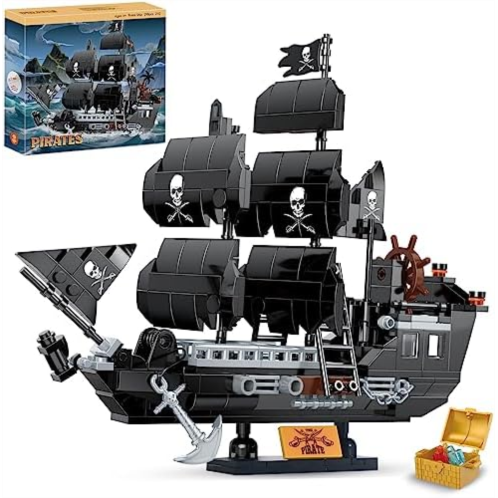 BRICK STORY Pirate Ship Building Sets Pirates Model Kits 298 Pieces Creative Black Ships Building Blocks Toys Gift for Boys Ages 6+, Pirate Themed Boat Collection Toy for Kids & Ad