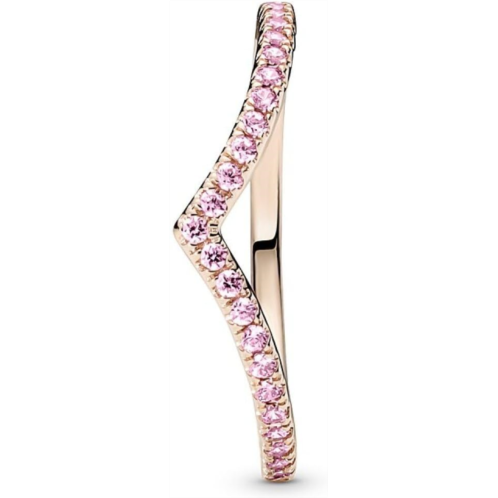 Pandora Sparkling Wishbone Ring - Stackable Rose Gold Ring for Women - 14k Rose Gold-Plated Shine with Pink Cubic Zirconia - Size 7