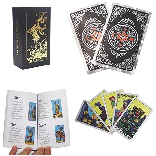 BlackLotos 78 Gold Foil Tarot with Guidebook&Beautiful Box Holographic Tarot Deck Oracle Divination Cards for Beginner (Black Silver Totem Tarot Cards)