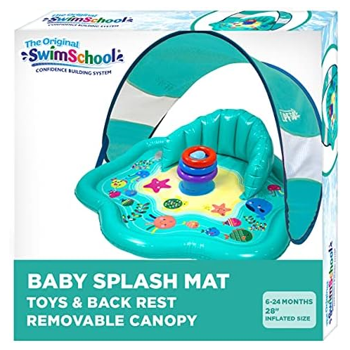 SwimSchool Baby Splash Play Mat with Adjustable Canopy - Inflatable Play Pool for Babies & Infants with Backrest - Includes Baby Water Toy Rings
