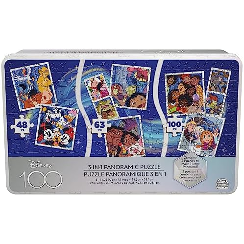 Spin Master Games Disney100 Anniversary Panorama Puzzle, 3 Pack 48pc 63pc 100pc Jigsaw Puzzles, Puzzles for Kids Ages 4-8, Disney Toys for Adults & Kids Ages 4 and up