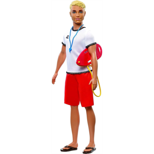 Barbie Ken Lifeguard Doll with Life Buoy, Whistle and Blonde Hair Wearing T-Shirt, Red Swim Trunks and Flip-Flops, Gift for 3 to 7 Year Old