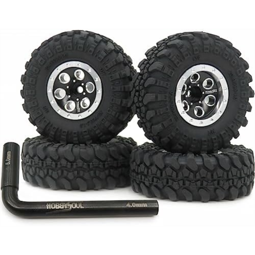 hobbysoul RC 1/24 Tires & Heavy Adjustable Offset 1.0 beadlock Wheels Silver Black Rims, deep Dish 1.0 Wheels and Tires for 1:24 RC Crawler Axial SCX24 & 1/18 TRX4M,(4-Pack, Assemb
